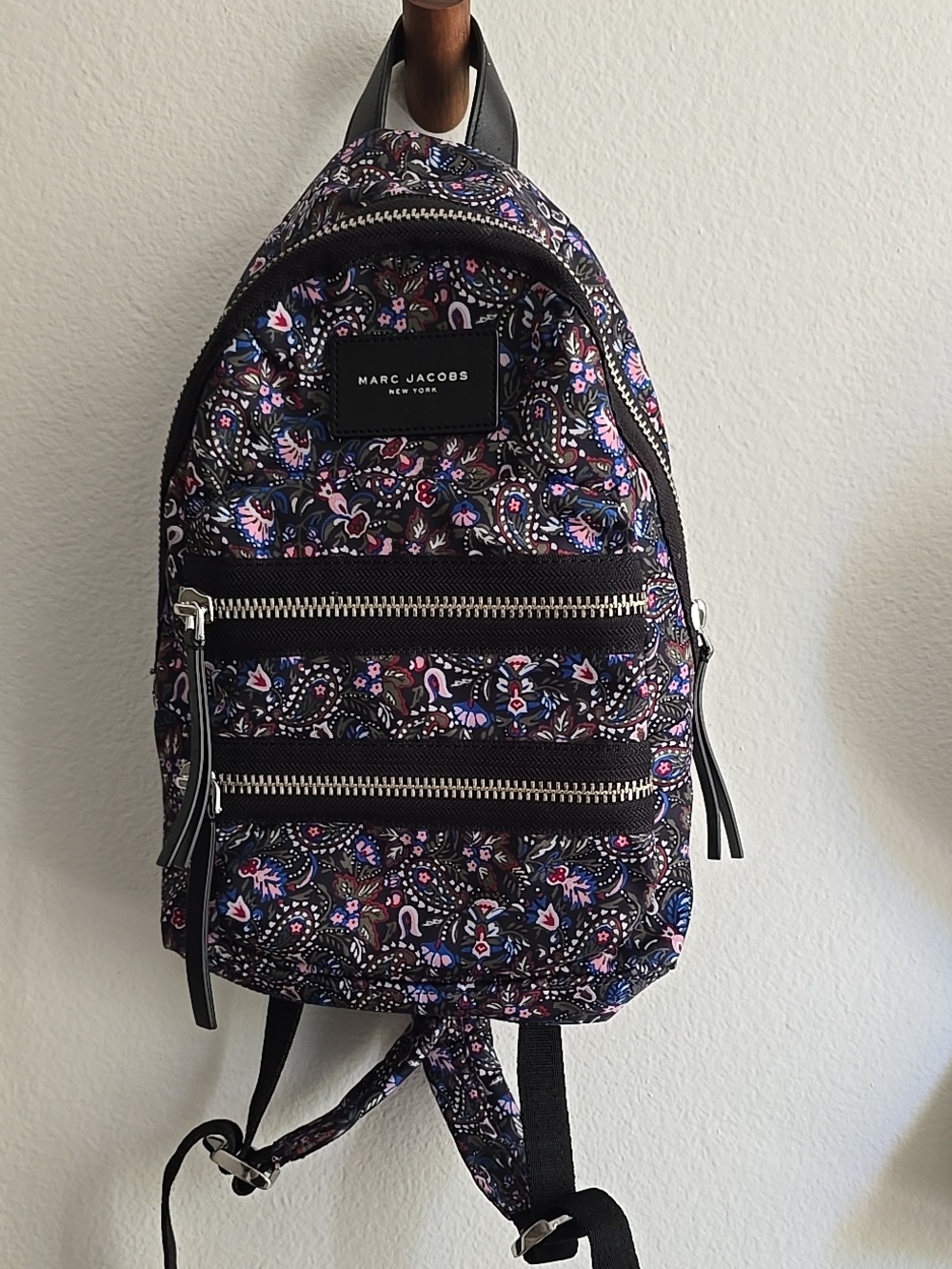 Marc Jacobs Black Floral Mini Backpack with Pink & Blue Details